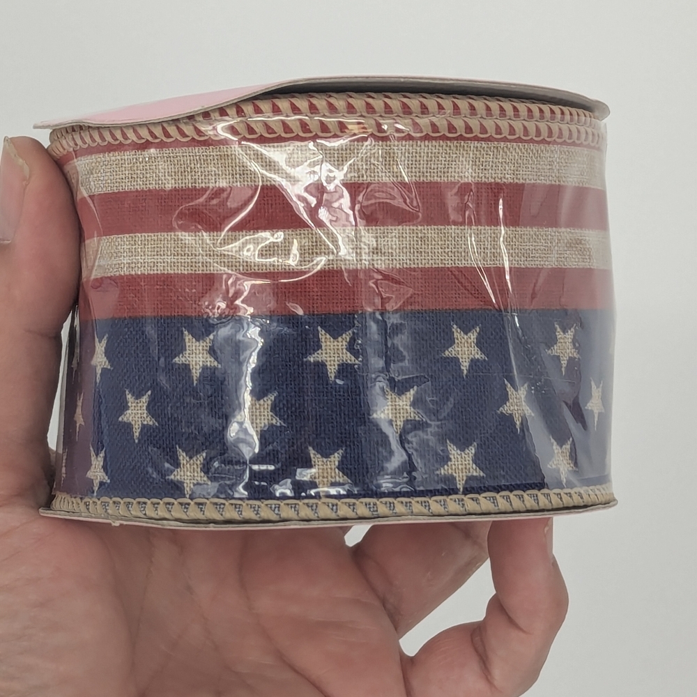 Linen Red Blue Flag Striped Star Wired Party Decorations Ribbon 2.5" 4 July 🇺🇸 - Picture 2 of 7